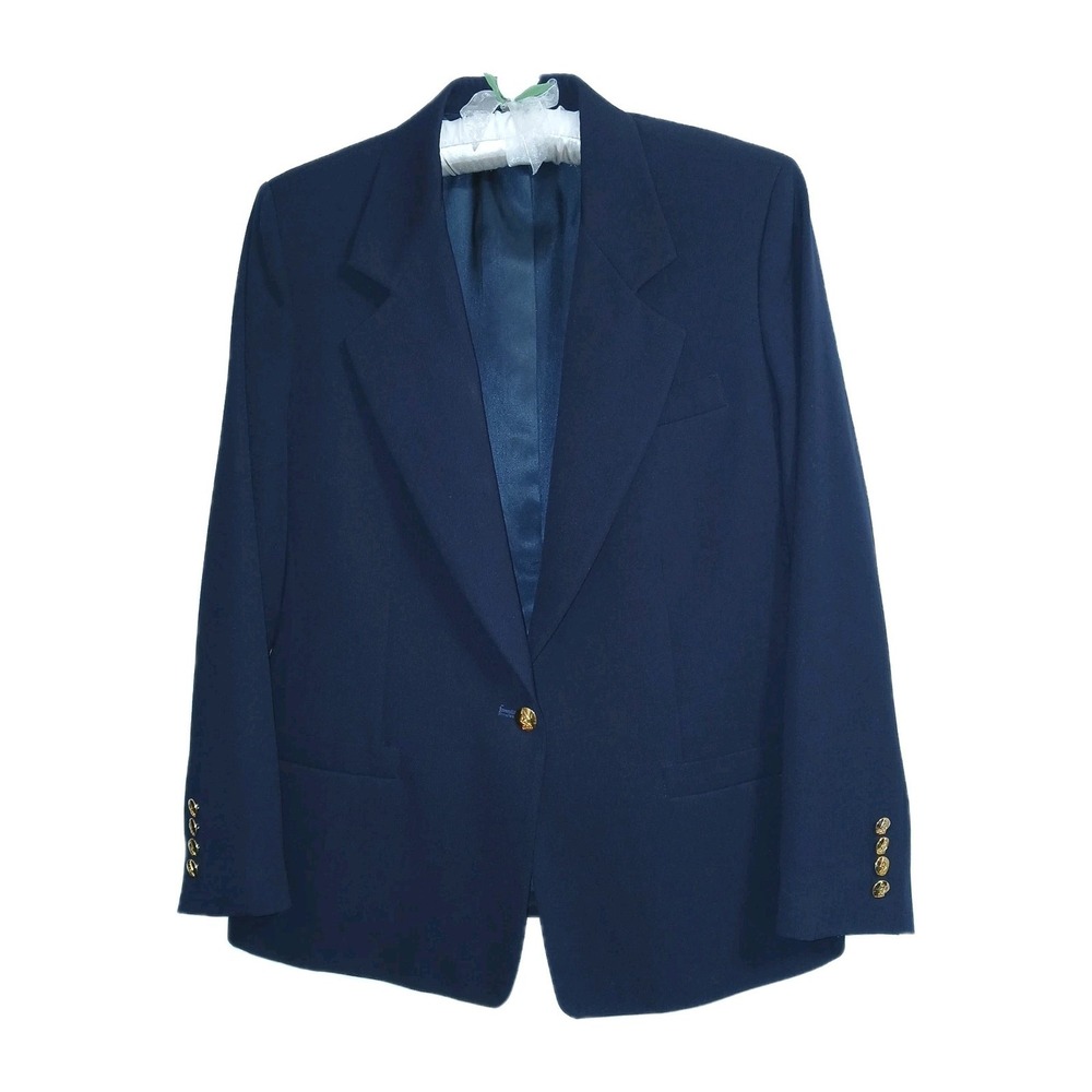Austin Reed Women Single Breasted Wool Blazer Jacket 14P Blue Logo Monogram Work